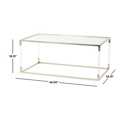 46" Silver Metal Minimalistic Open Framed Living Room Coffee Table with Clear Glass Top & Acrylic Legs